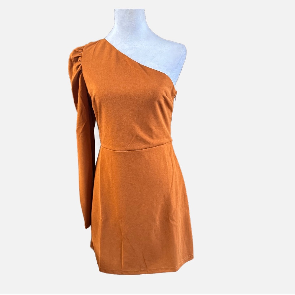 She + Sky One-Shoulder Dress in Warm Orange Rust - Picture 1 of 8